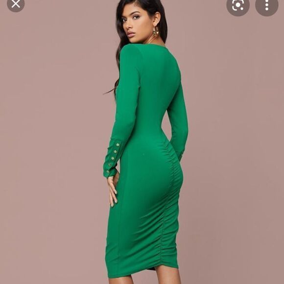 Bebe Green V-Neck Shirred Dress - Picture 3 of 15
